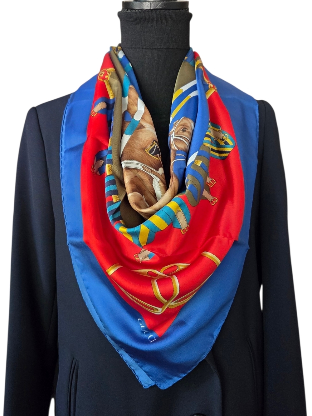 Gucci Vintage Equestrian Silk Scarf Horse Rider Blue Red 35” Carré